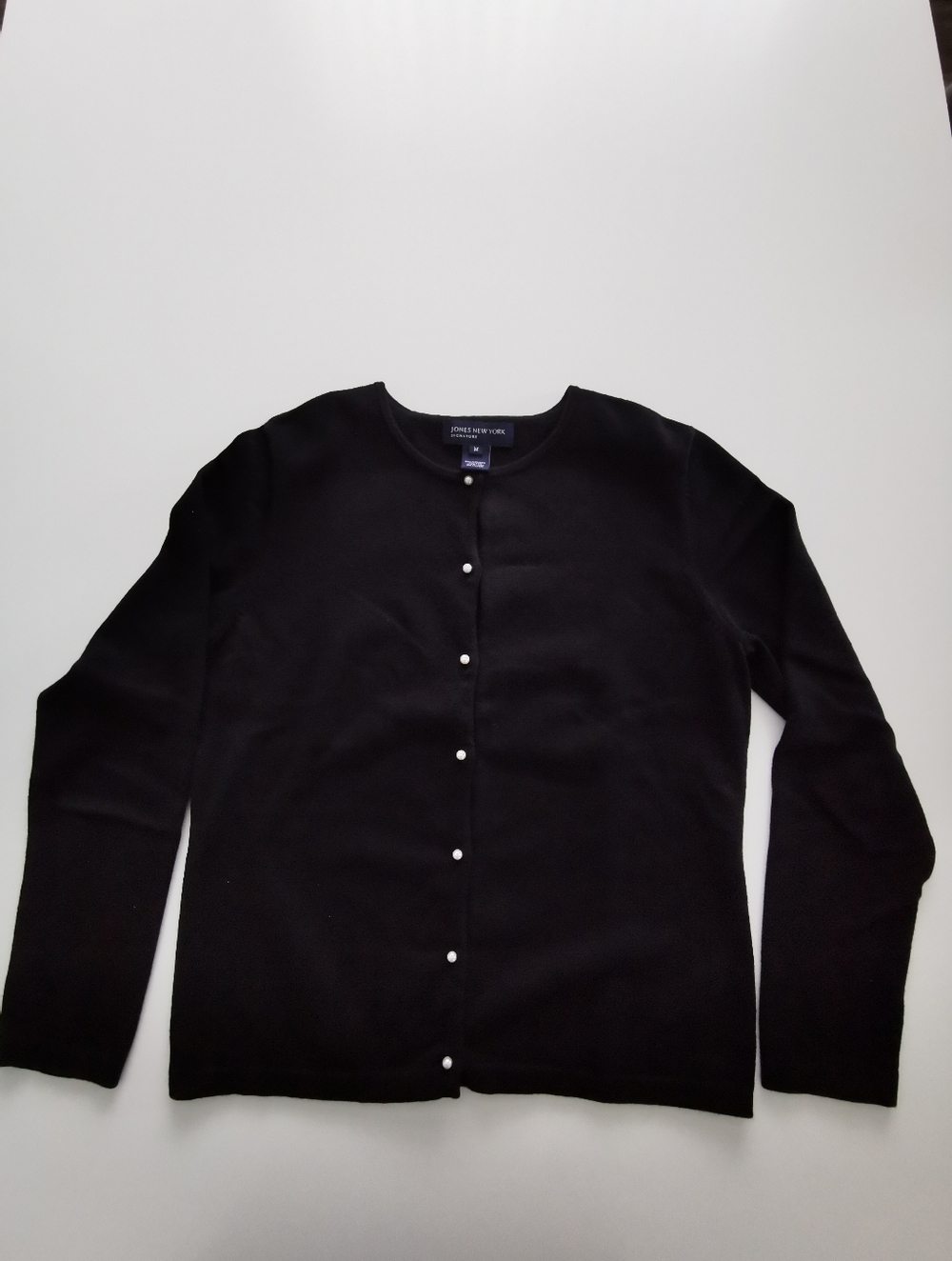 Pearl Button Black Cardigan Sweater Crew Neck Combed Cotton Blend Jones New York